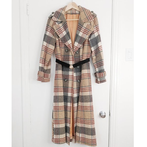 Vintage plaid maxi double breasted trench wool coat - Picture 4 of 11